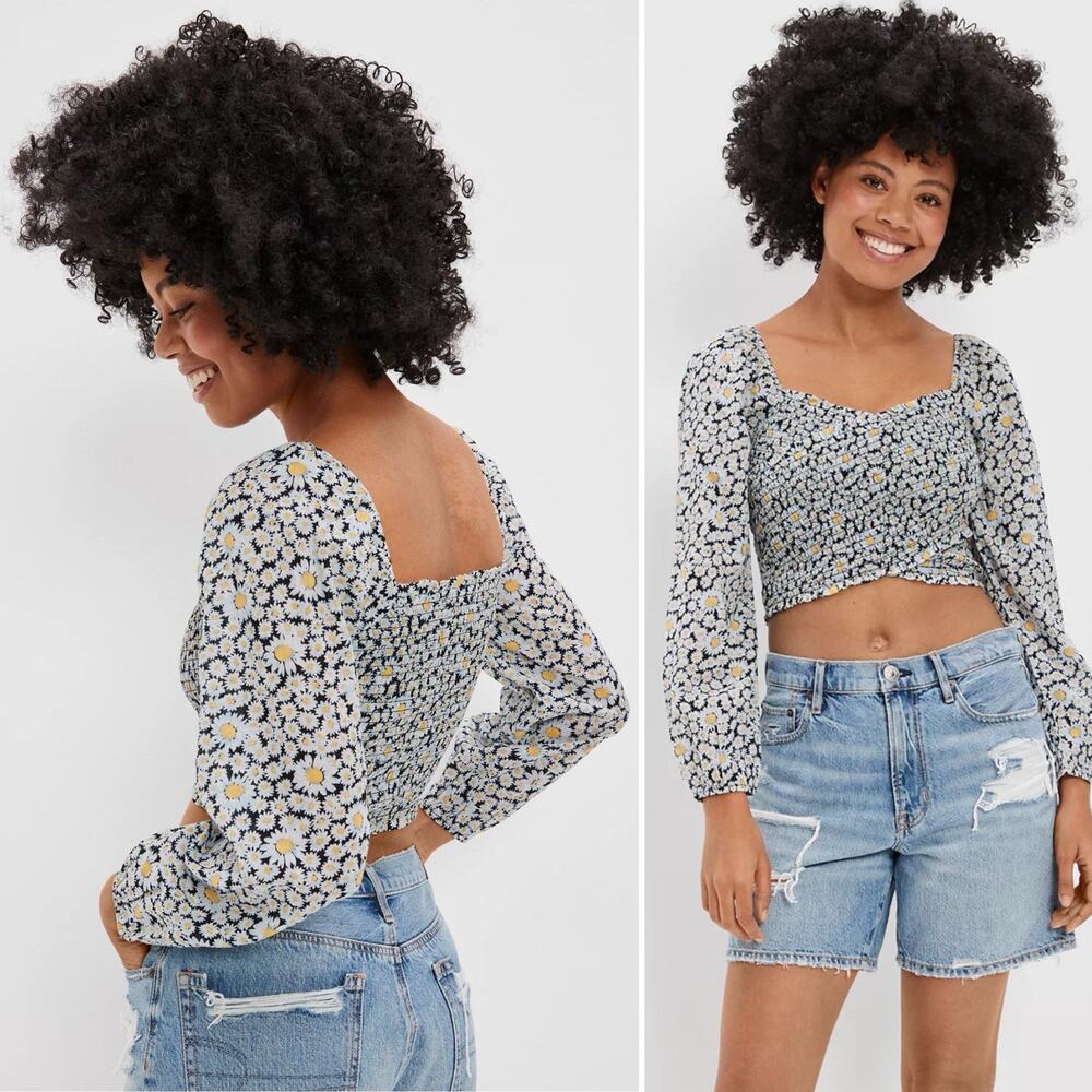 American Eagle Women's Small Daisy Printed Long Sleeve Smocked Cropped Blouse